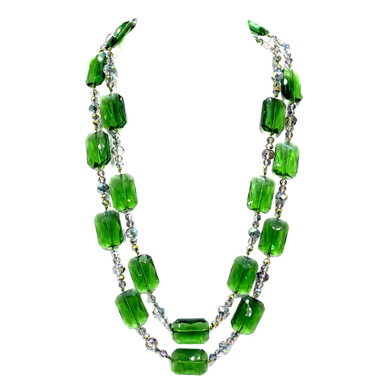 Dark Green Colorized Rectangle Crystal Long Necklace