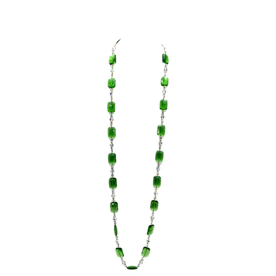 Dark Green Colorized Rectangle Crystal Long Necklace