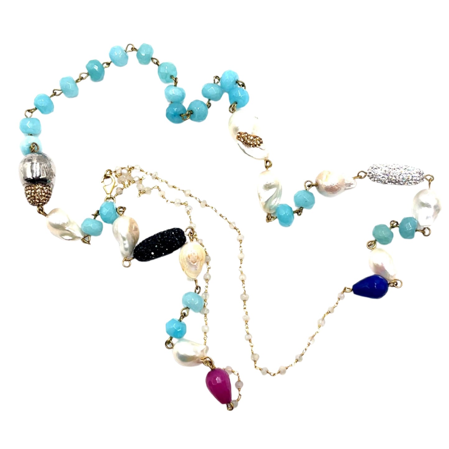 Pearl Multicolor Gemstone Blue Crystal Lariat Long Necklace