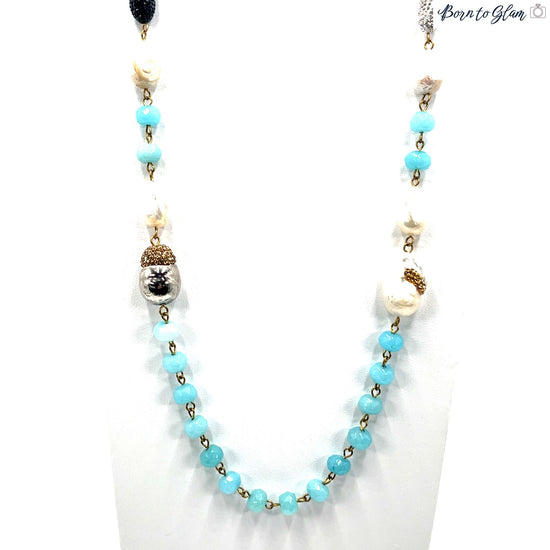 Pearl Multicolor Gemstone Blue Crystal Lariat Long Necklace