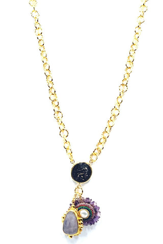 Pearl & Purple Gemstone Multicolor Crystal Gold Plated Pendant Necklace - Born To Glam