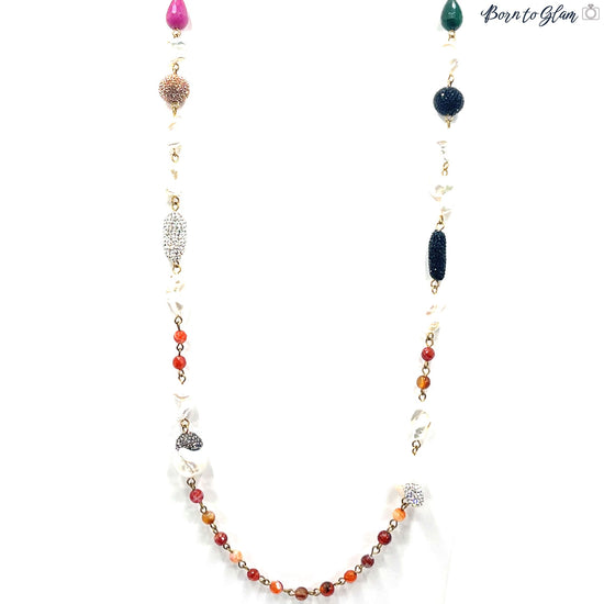 Pearl Multicolor Gemstone Amber Crystal Lariat Long Necklace