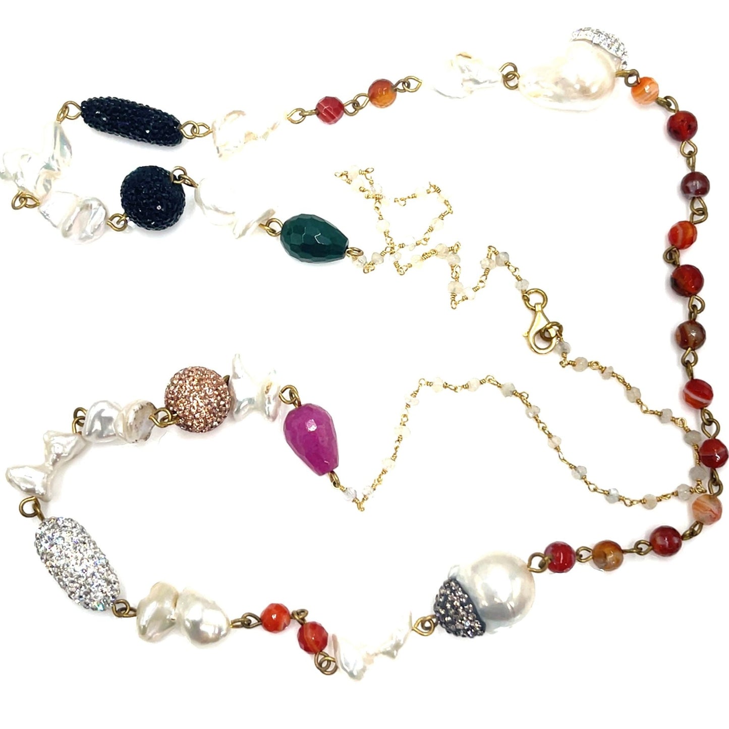 Pearl Multicolor Gemstone Amber Crystal Lariat Long Necklace