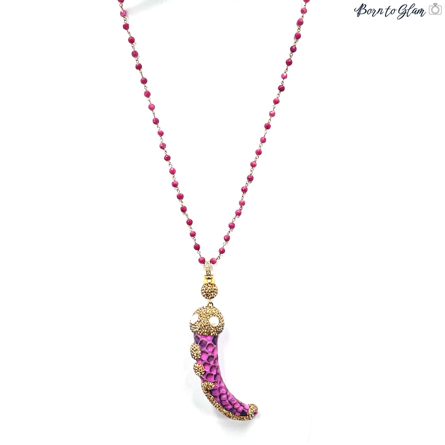 Fuschia & Pearl Gemstone Animal Print Gold Crystal Horn Pendant Long Necklace