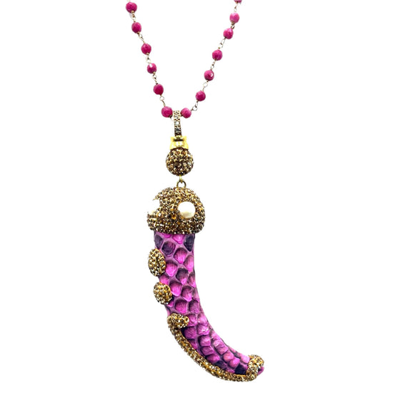 Fuschia & Pearl Gemstone Animal Print Gold Crystal Horn Pendant Long Necklace