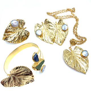Gold Leaf Brass Necklace & Bracelet Pearl Set - Born To Glam