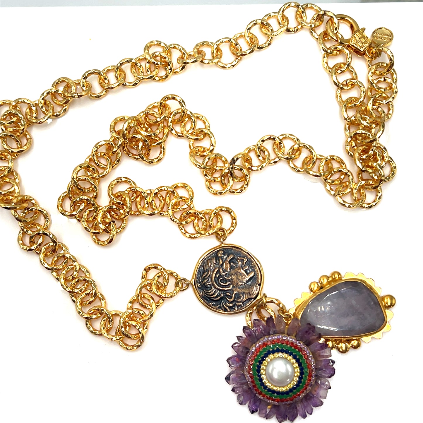 Pearl & Purple Gemstone Multicolor Crystal Gold Plated Pendant Necklace - Born To Glam Born To Glam