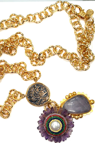 Pearl & Purple Gemstone Multicolor Crystal Gold Plated Pendant Necklace - Born To Glam