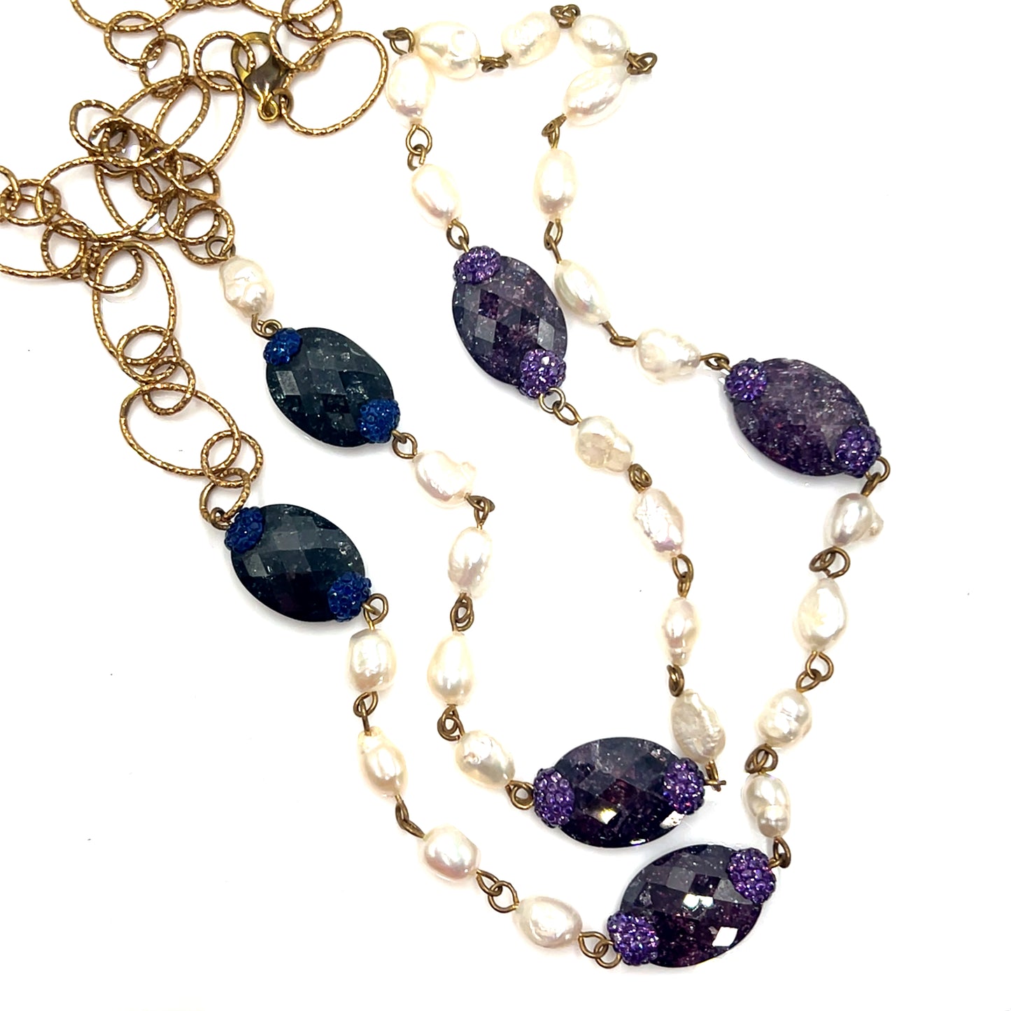 Pearl & Amethyst Gemstone Gold Plated Long Necklace - Born To Glam Born To Glam