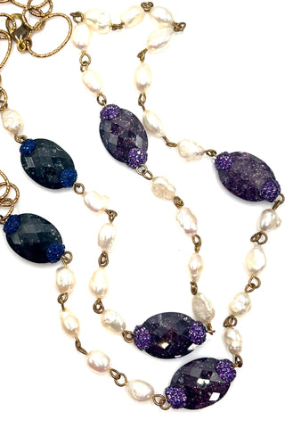 Pearl & Amethyst Gemstone Gold Plated Long Necklace - Born To Glam