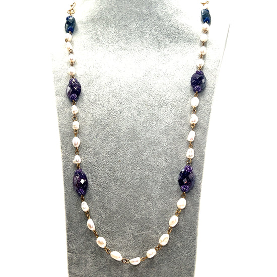 Pearl & Amethyst Gemstone Gold Plated Long Necklace - Born To Glam Born To Glam