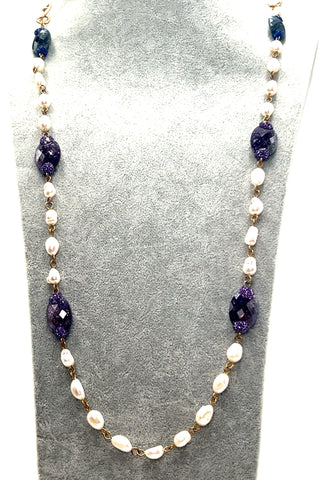Pearl & Amethyst Gemstone Gold Plated Long Necklace - Born To Glam