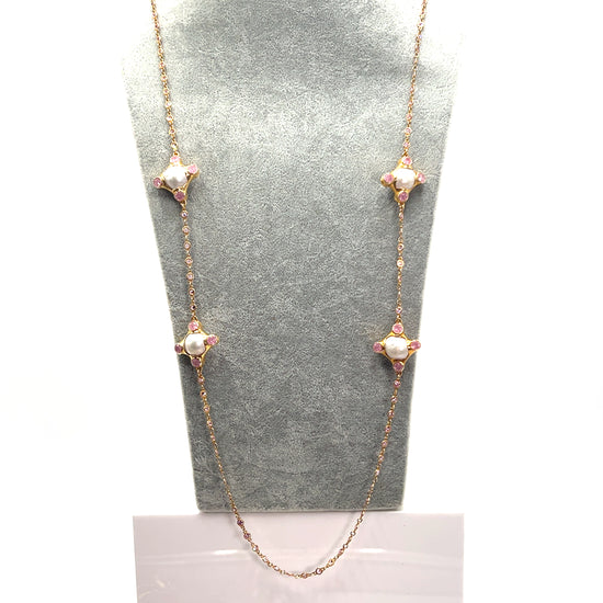 Pearl Pink Crystal Gemstone Gemstone Lariat Gold Plated Long Necklace - Born To Glam Born To Glam