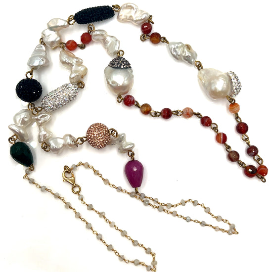 Pearl Multicolor Gemstone Amber Crystal Lariat Long Necklace - Born To Glam Born To Glam