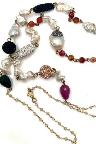 Pearl Multicolor Gemstone Amber Crystal Lariat Long Necklace - Born To Glam
