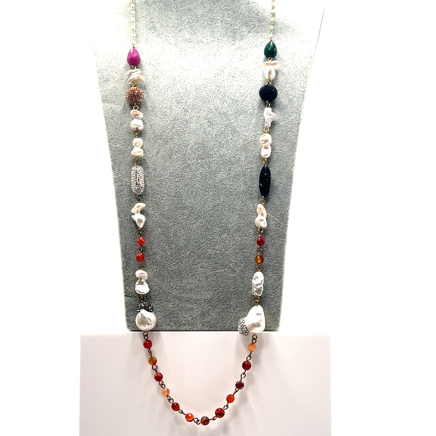 Pearl Multicolor Gemstone Amber Crystal Lariat Long Necklace - Born To Glam Born To Glam