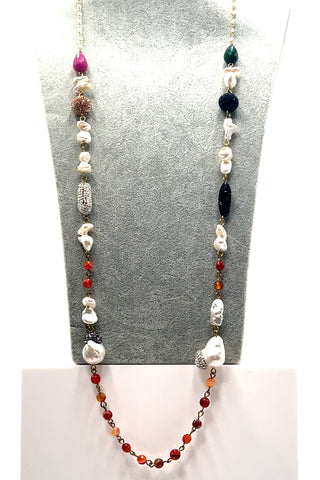 Pearl Multicolor Gemstone Amber Crystal Lariat Long Necklace - Born To Glam