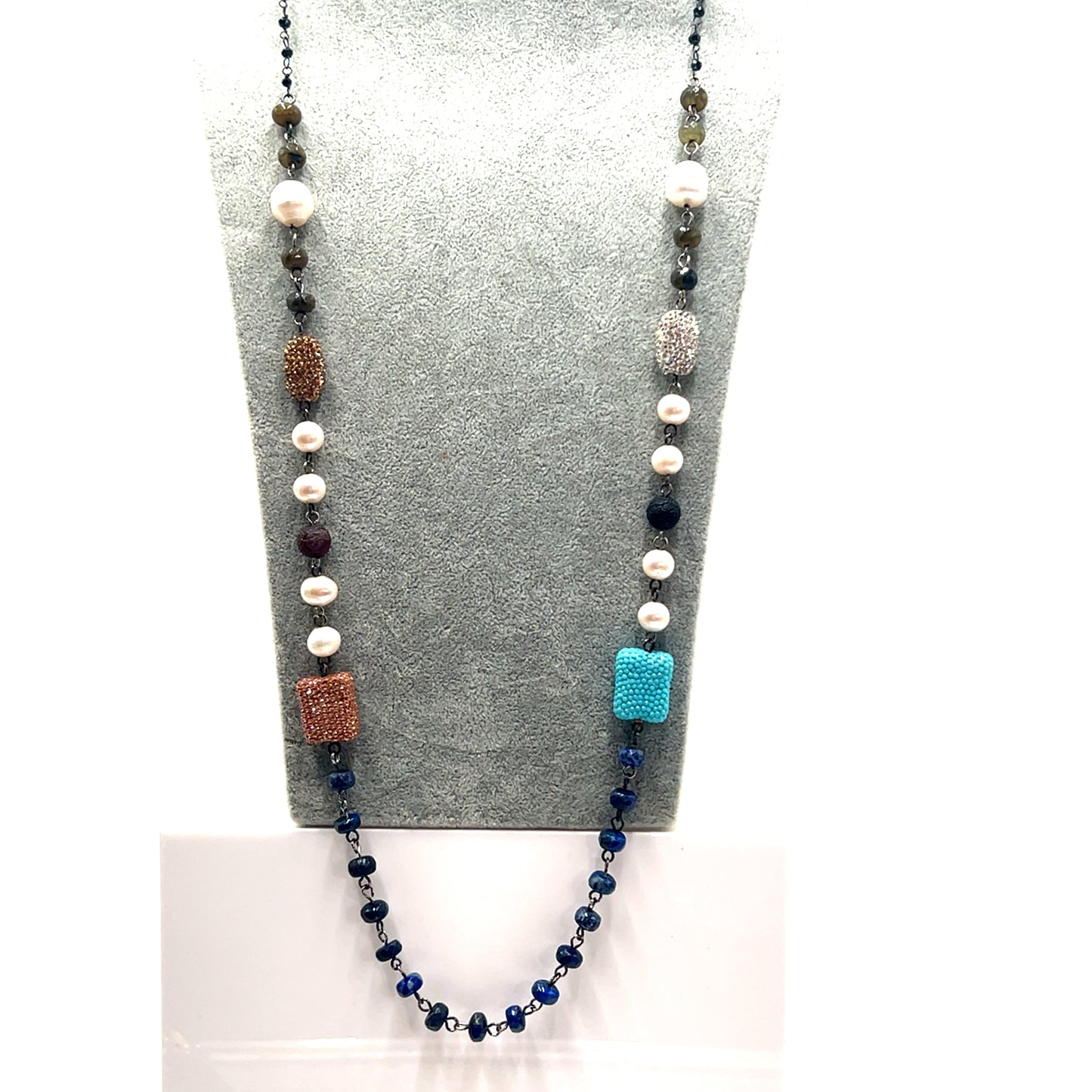 Pearl Multicolor Gemstone Black Crystal Lariat Long Necklace - Born To Glam Born To Glam