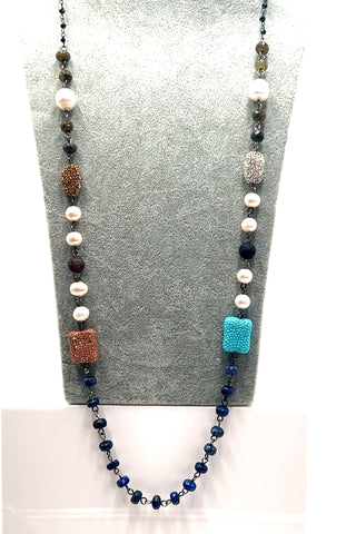 Pearl Multicolor Gemstone Black Crystal Lariat Long Necklace - Born To Glam