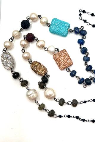 Pearl Multicolor Gemstone Black Crystal Lariat Long Necklace - Born To Glam