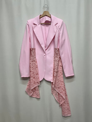 Style the Pink Mixed Media Lace Blazer exclusively at Born To Glam