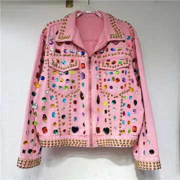 Chic Pink Multi Color Crystal Denim Jacket