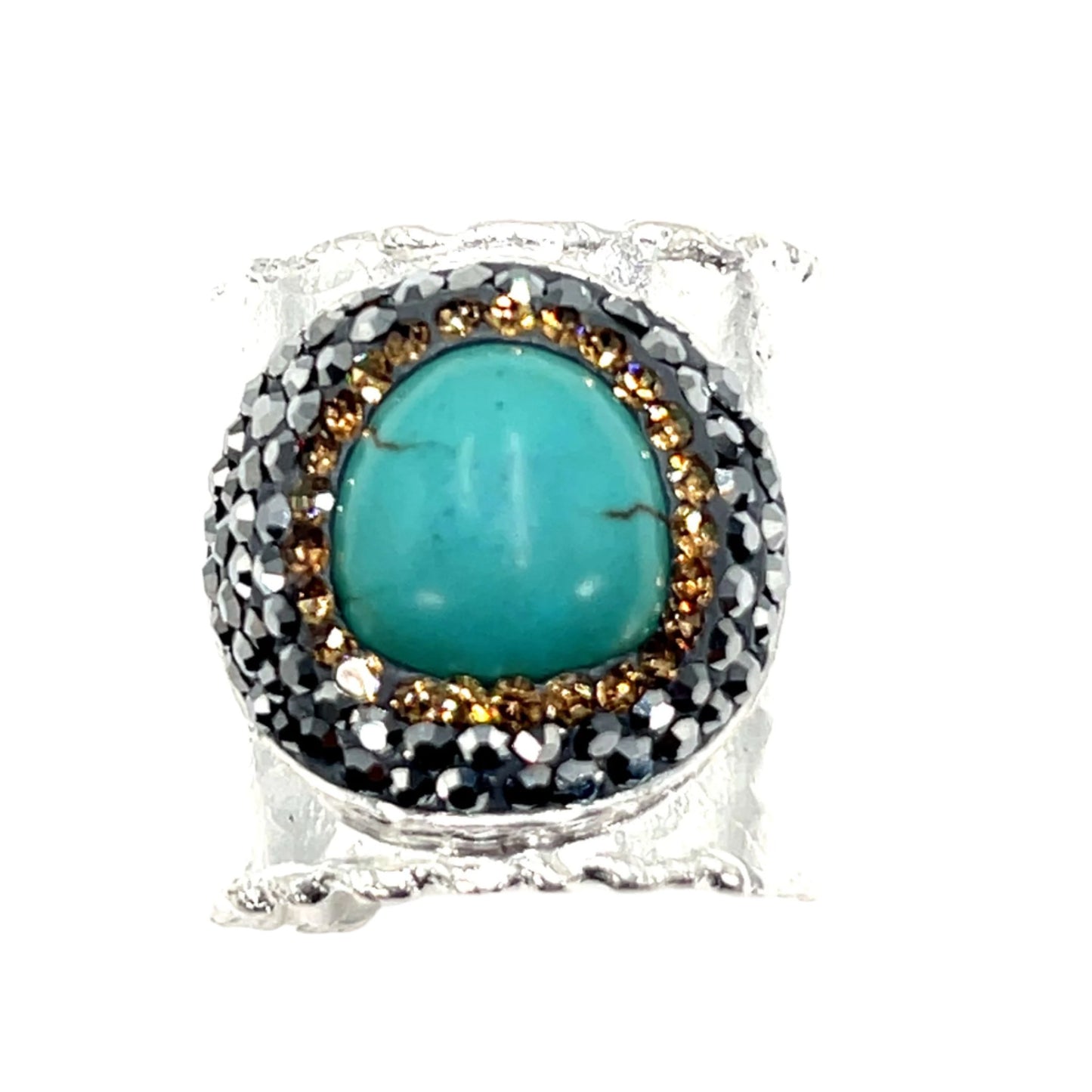 Turquoise Silver & Hematite Crystal Adjustable Ring