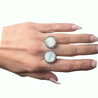 Round Double Gemstone & Crystal 925 Sterling Silver Adjustable Ring - Born To Glam