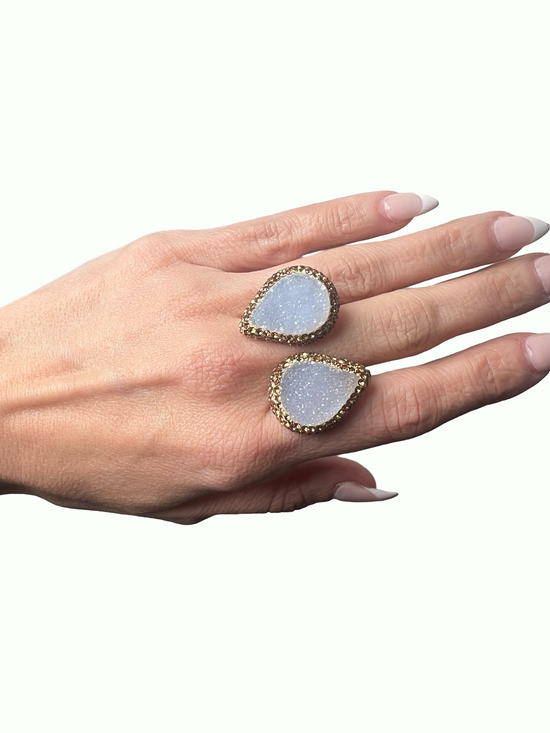 Blue Druzy Teardrop Champagne Crystal 925 Sterling Silver Adjustable Ring