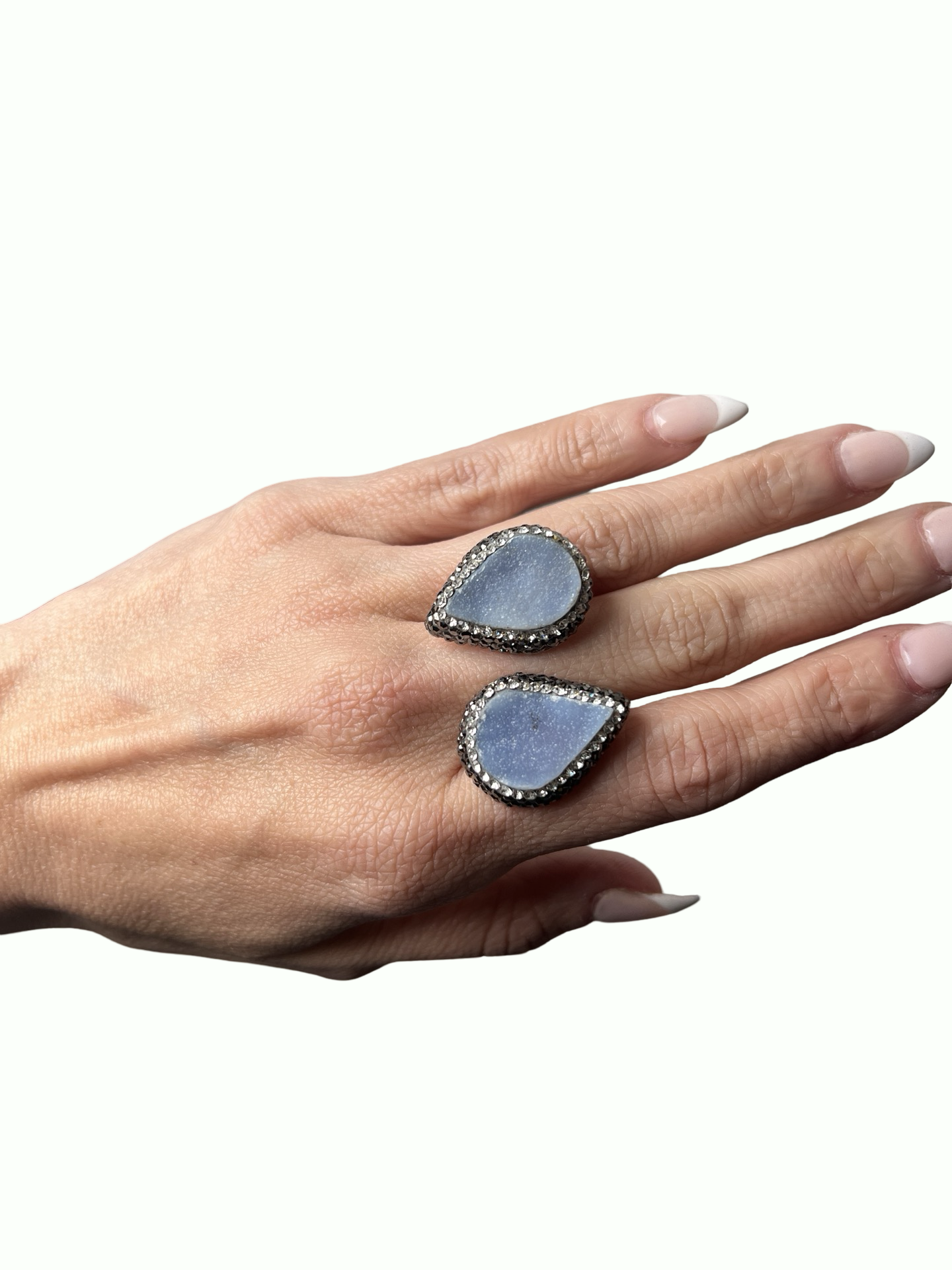 Blue Druzy Teardrop Hematite Crystal 925 Sterling Silver Adjustable Ring