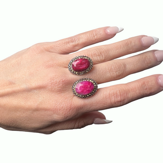 Oval Double Gemstone & Crystal 925 Sterling Silver Adjustable Ring - Born To Glam