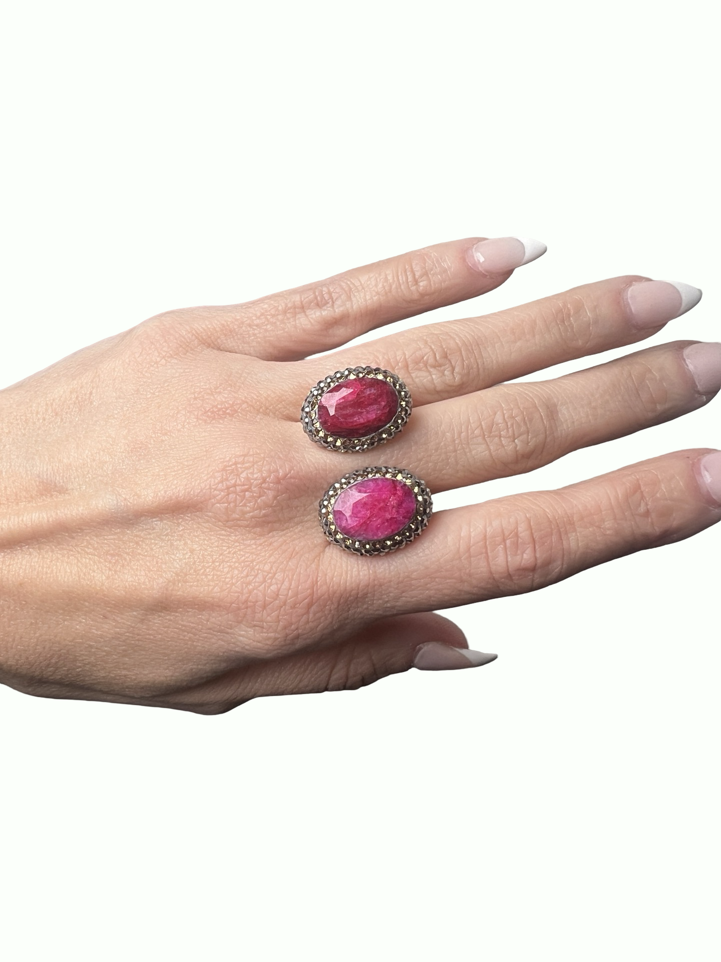 Ruby Oval & Gold & Silver Crystal Gold Plated 925 Sterling Silver Adjustable Ring