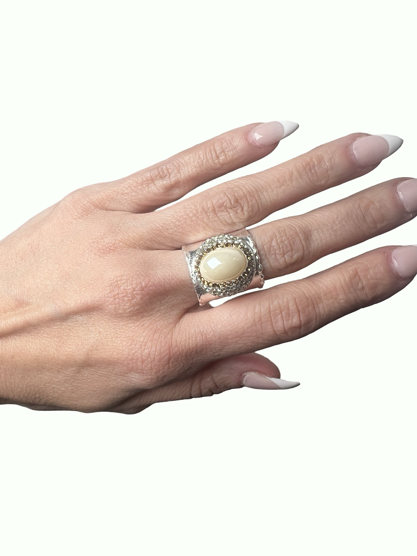 Glass Pearl Adjustable Silver Ring