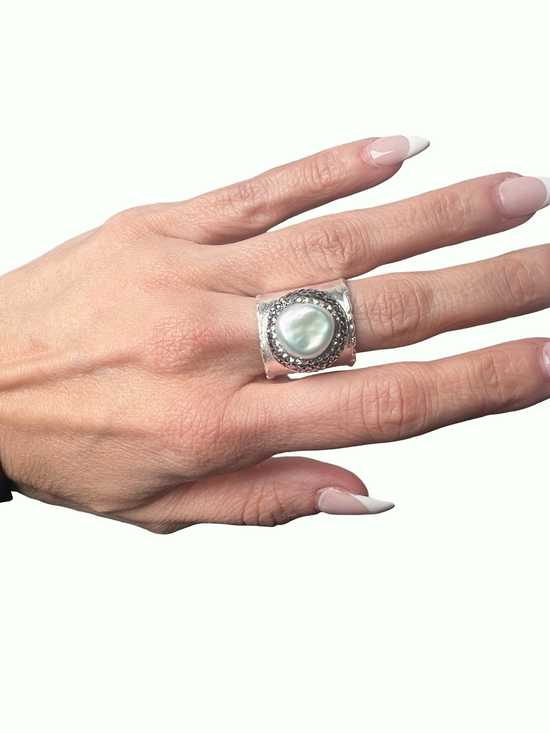 Cultured Pearl Silver Crystal Adjustable Ring