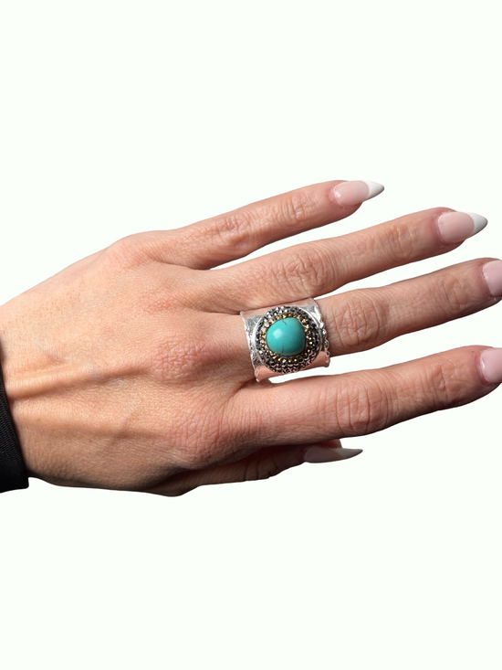 Turquoise Silver & Hematite Crystal Adjustable Ring