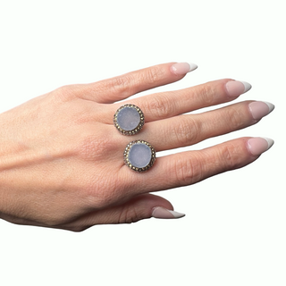 Round Double Gemstone & Crystal 925 Sterling Silver Adjustable Ring - Born To Glam