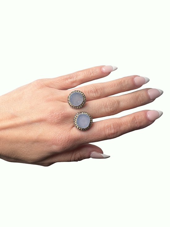 Round Blue Druzy Gold & Silver Crystal Gold Plated 925 Sterling Silver Adjustable Ring