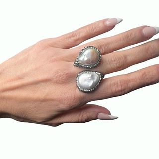 Teardrop Double Gemstone & Crystal 925 Sterling Silver Adjustable Statement Ring - Born To Glam