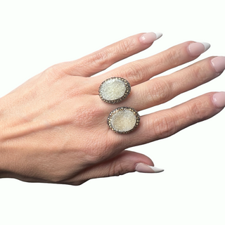 Oval Double Gemstone & Crystal 925 Sterling Silver Adjustable Ring - Born To Glam