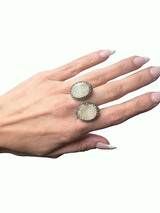 Champagne Druzy Oval Gold & Silver Cystal Gold Plated 925 Sterling Silver Adjustable Ring