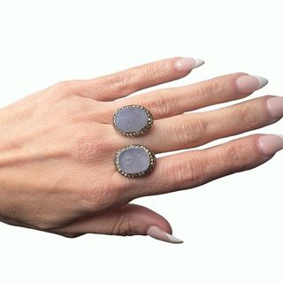 Oval Double Gemstone & Crystal 925 Sterling Silver Adjustable Ring - Born To Glam