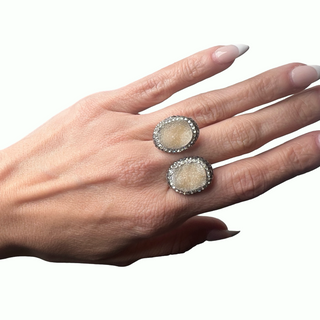 Oval Double Gemstone & Crystal 925 Sterling Silver Adjustable Ring - Born To Glam