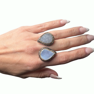 Teardrop Double Gemstone & Crystal 925 Sterling Silver Adjustable Statement Ring - Born To Glam