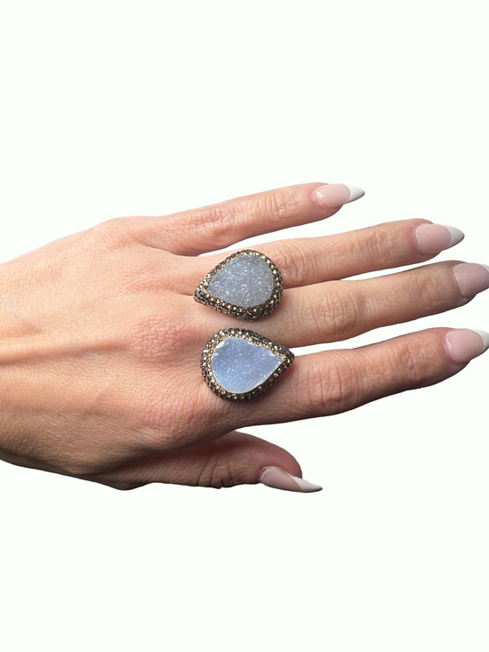 Blue Druzy Teardrop Hematite & Gold Crystal Gold Plated 925 Sterling Silver Adjustable Ring