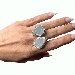 Teardrop Double Gemstone & Crystal 925 Sterling Silver Adjustable Statement Ring - Born To Glam
