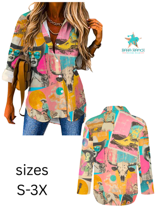 Retro Cowgirl Collage Button-Up Top view 3
