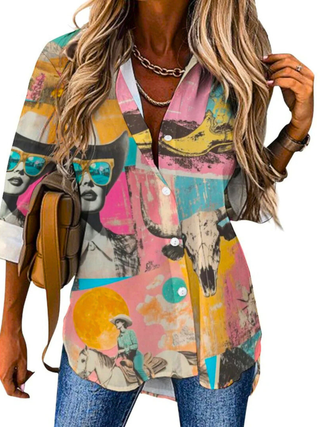 Retro Cowgirl Collage Button-Up Top view 4