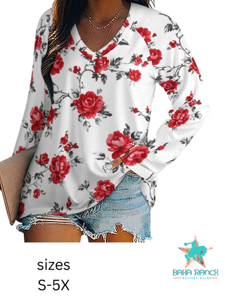 Red Rose Floral Long Sleeve Top