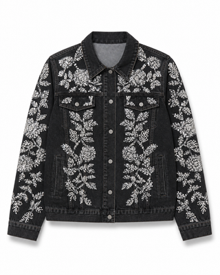 Black Crystal Floral Embellished Denim Jacket
