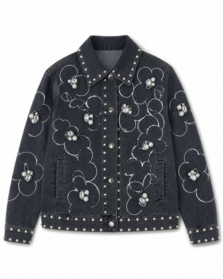Black Crystal Flower Embellished Denim Jacket